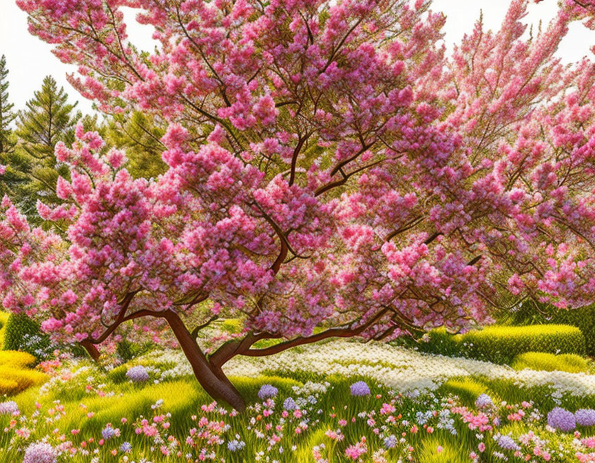 Colorful garden with blooming cherry blossom tree and vibrant flower beds