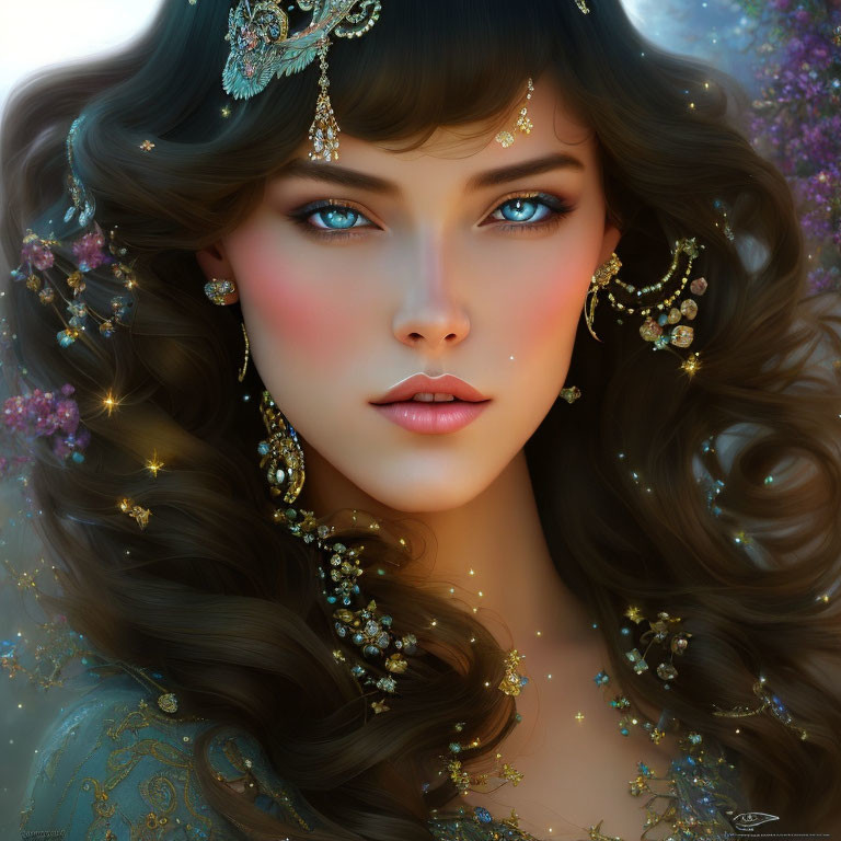 Woman in ornate gold jewelry with sparkling blue eyes in digital art