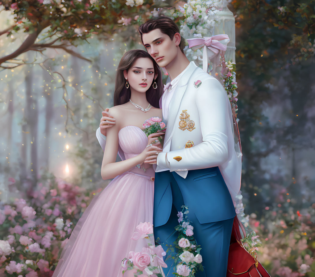 Illustrated Couple in Formal Attire Surrounded by Romantic Floral Setting