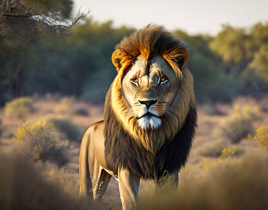 Male lion with full mane in sunlit savannah bushland