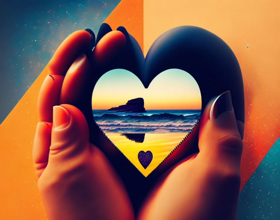 Hands Form Heart Shape Over Sunset Beach Scene with Geometric Background