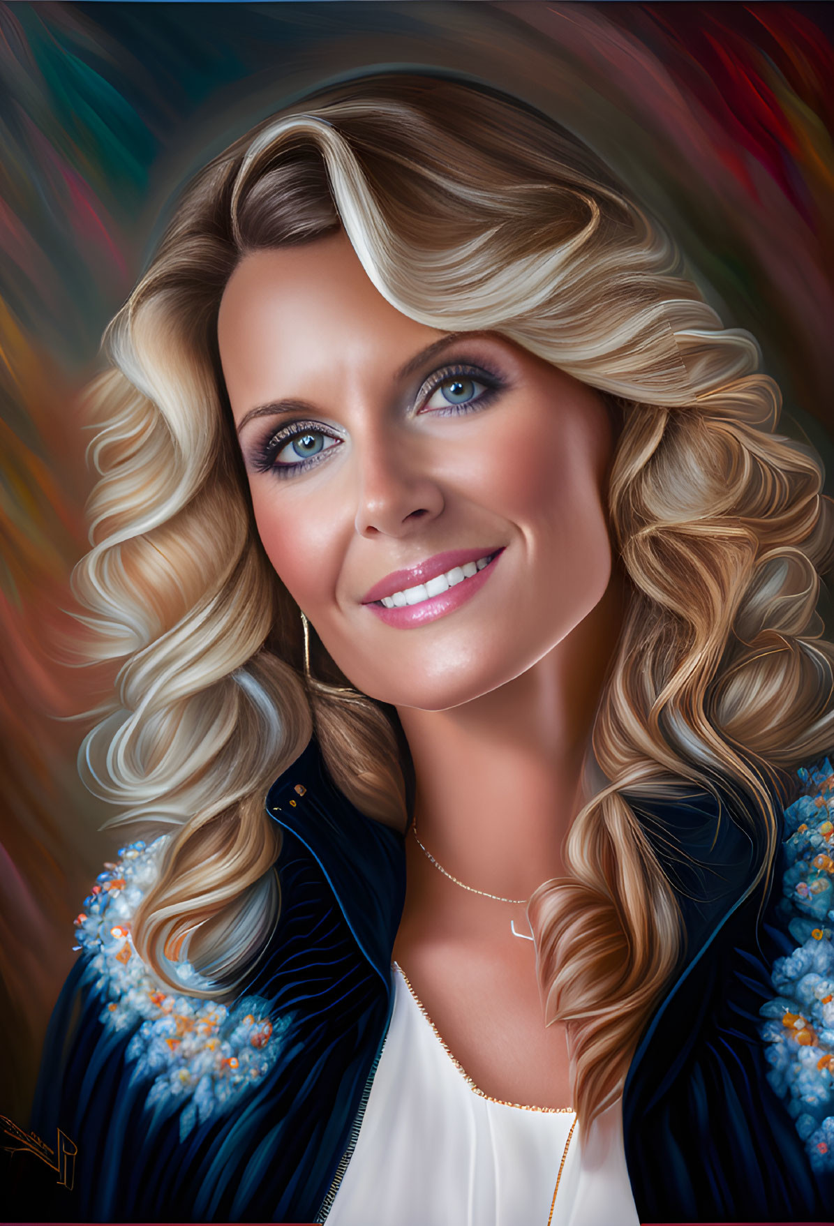 Portrait of smiling woman with blonde hair, blue eyes, and floral blue jacket