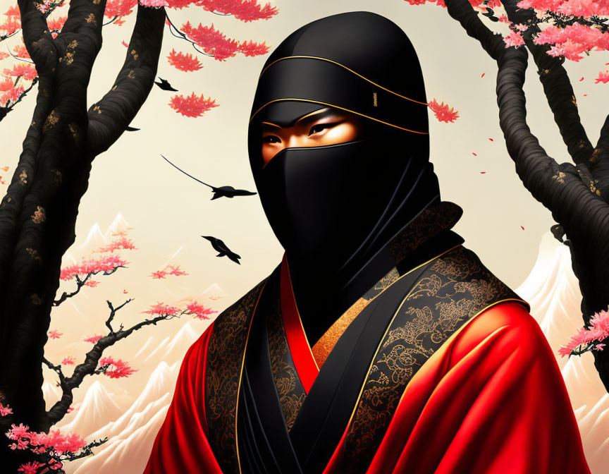 Ninja illustration in black and red attire with gold trim, amidst cherry blossoms, silhouet