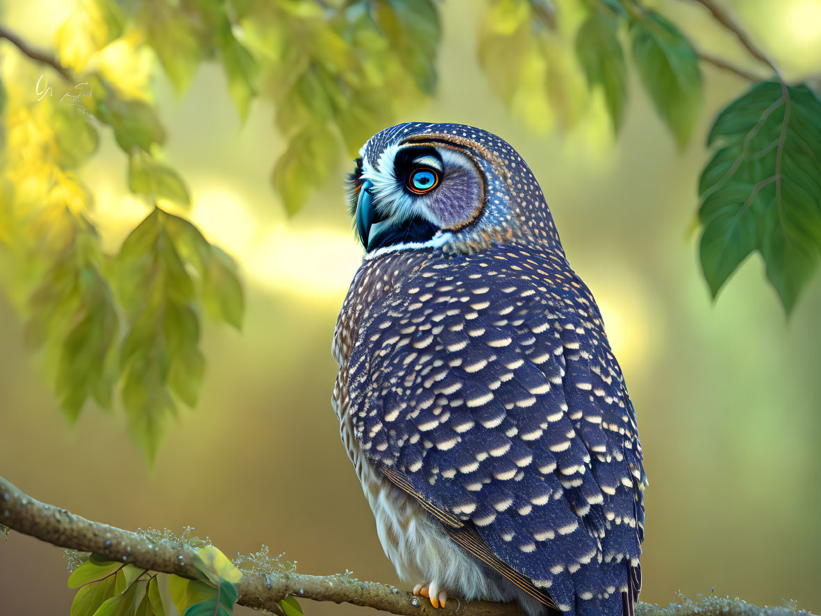 Spotted owl with blue eyes perched on branch amidst green leaves