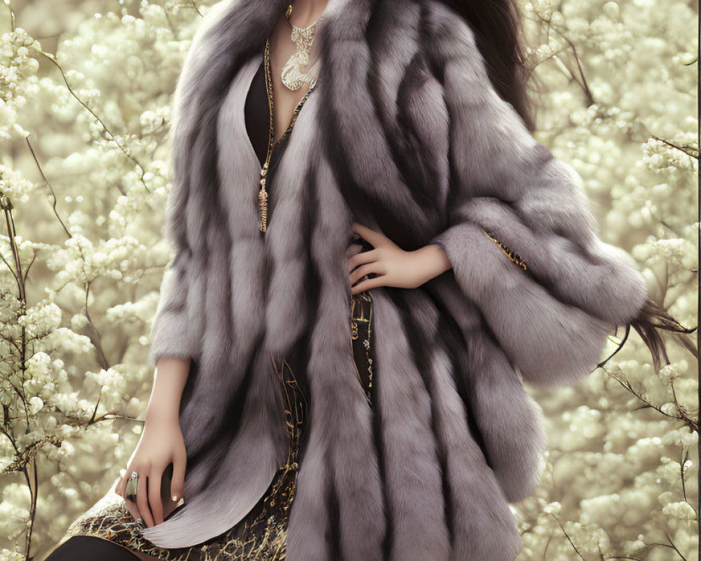 Woman in Luxurious Fur Coat Standing in Dreamy Flower Field