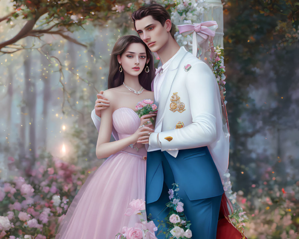 Illustrated Couple in Formal Attire Surrounded by Romantic Floral Setting