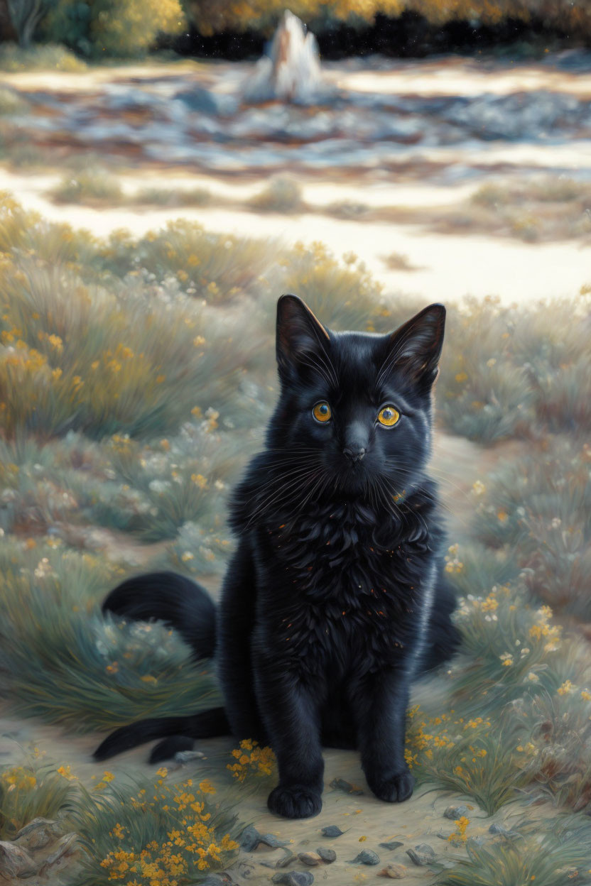 Fluffy black cat with yellow eyes in field of yellow flowers and fountain in idyllic landscape