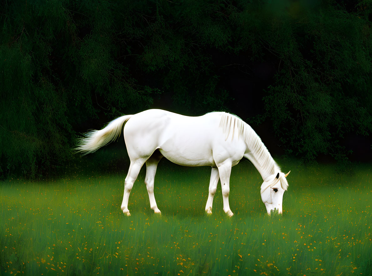 White horse grazing in vibrant green meadow with yellow flowers and weeping willow tree