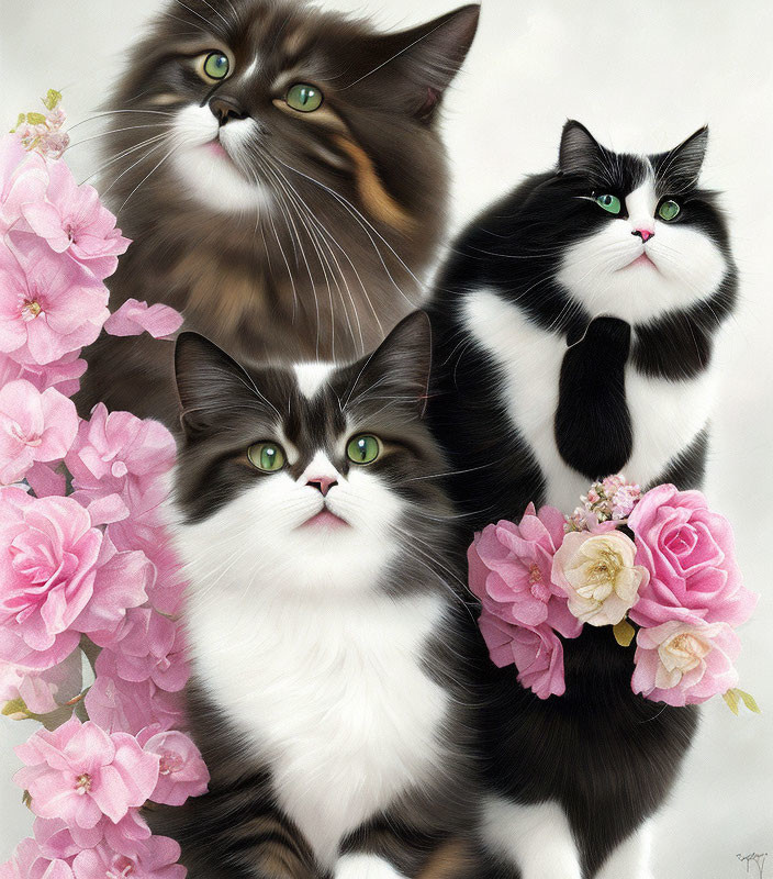 Fluffy cats with green eyes in pink flower setting