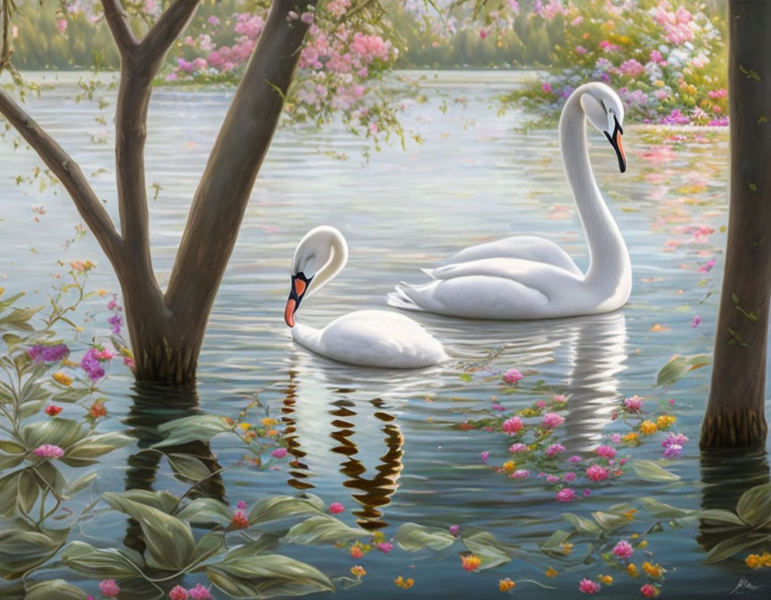 Graceful swans on tranquil pond with lush vegetation