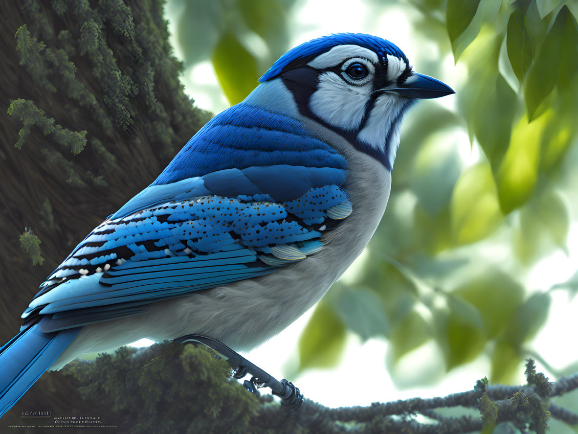 Vibrant blue jay on branch with striking plumage