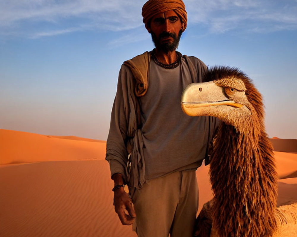 Man with camel in desert at sunset