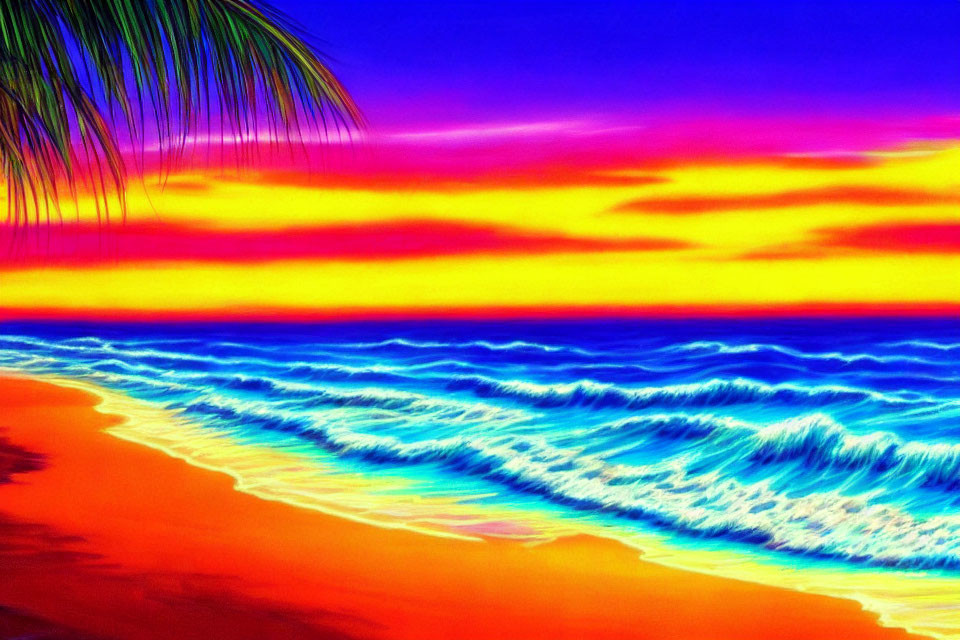 Colorful digital art: Beach sunset with blue waves and multicolored sky