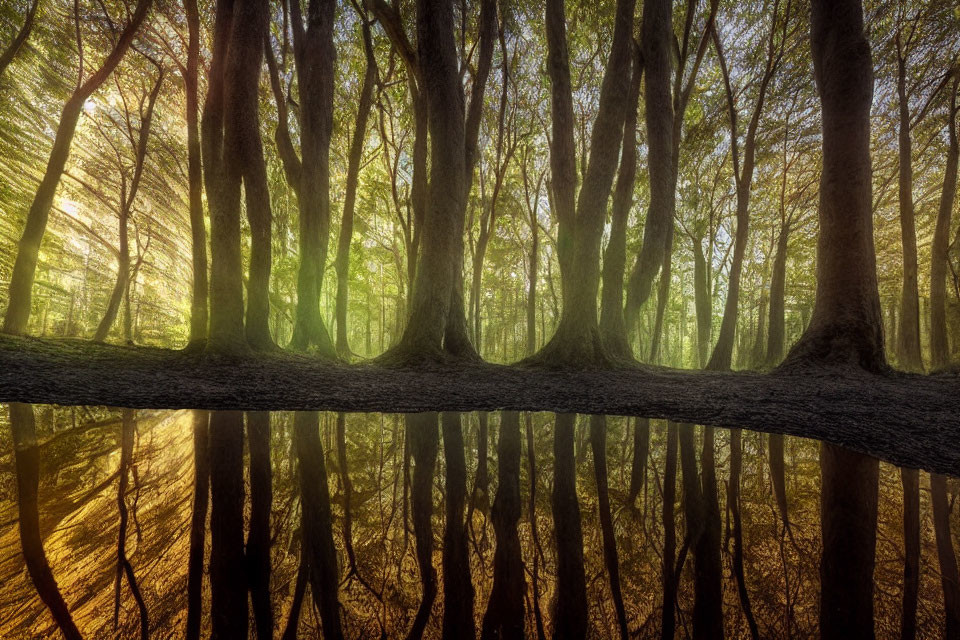 Tranquil forest scene with sunlight filtering through, casting golden hues on trees and reflecting in water.