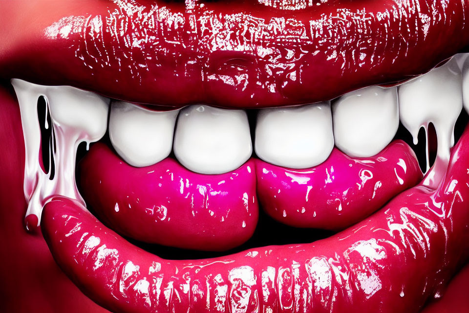 Detailed Close-Up of Glossy Red Lips and Teeth on Reflective Pink Surface