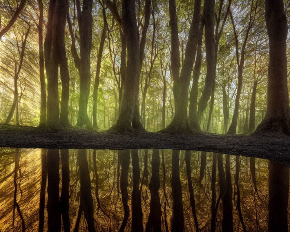 Tranquil forest scene with sunlight filtering through, casting golden hues on trees and reflecting in water.