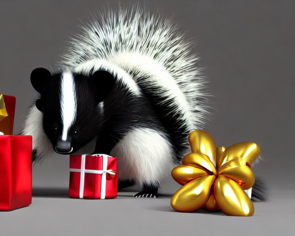 Skunk exploring red gift boxes with golden ribbons on gray background