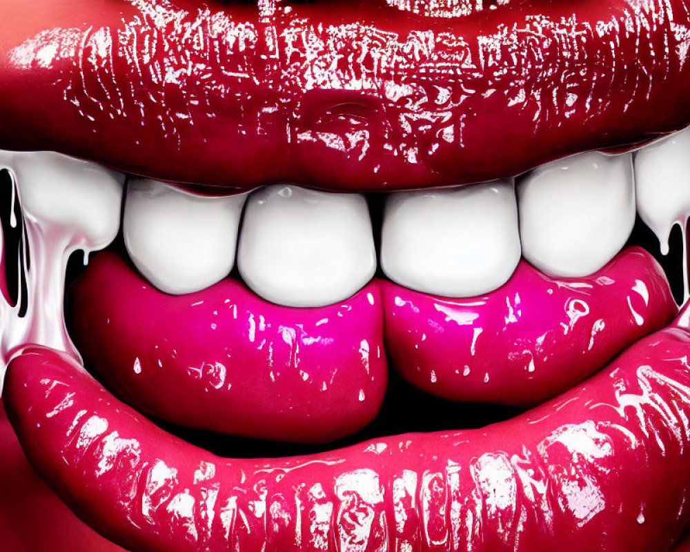 Detailed Close-Up of Glossy Red Lips and Teeth on Reflective Pink Surface