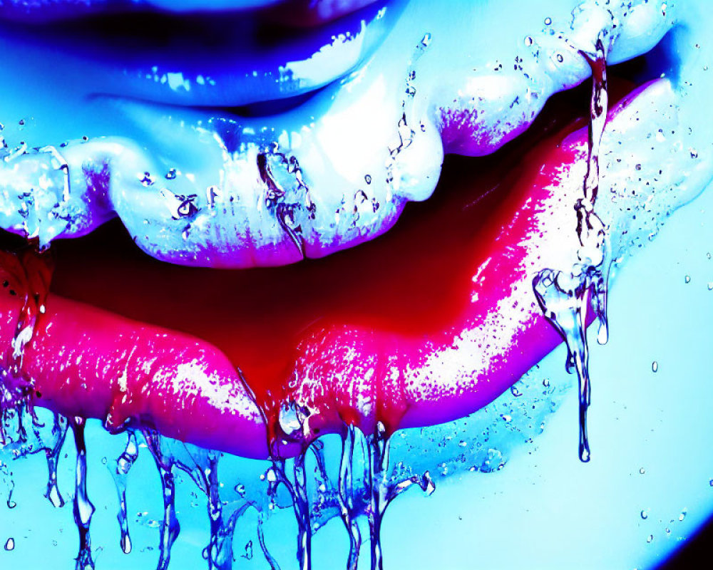 Vibrant pink and blue glossy lips with water splashes