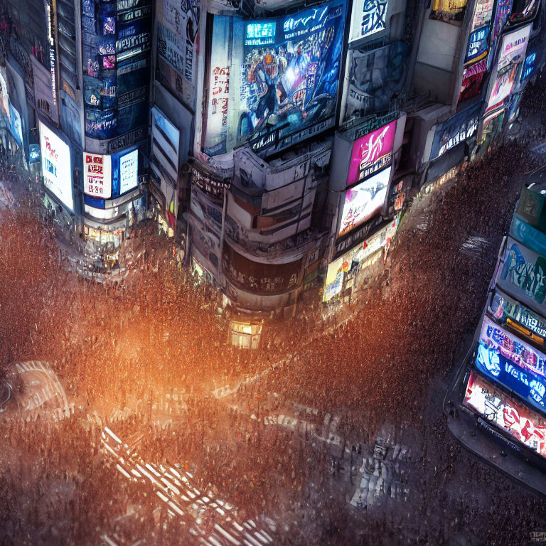 Busy City Intersection Night Scene with Neon Signs and Crowded Pedestrians