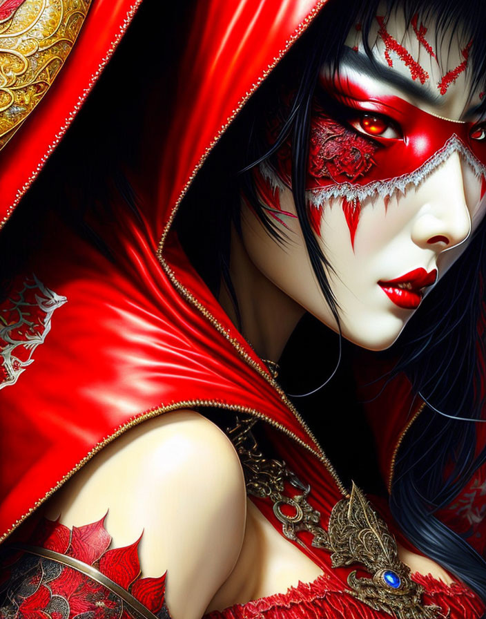 Fantasy illustration of woman in red and gold attire with intricate designs and red mask-like eye makeup