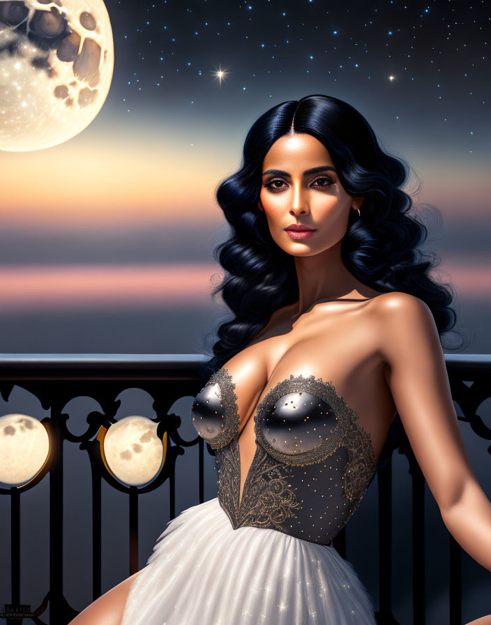 Illustration of woman with dark hair on balcony at night under moon and stars in detailed dress.