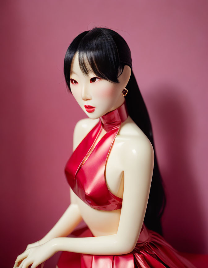 Asian-featured doll in red dress against pink background