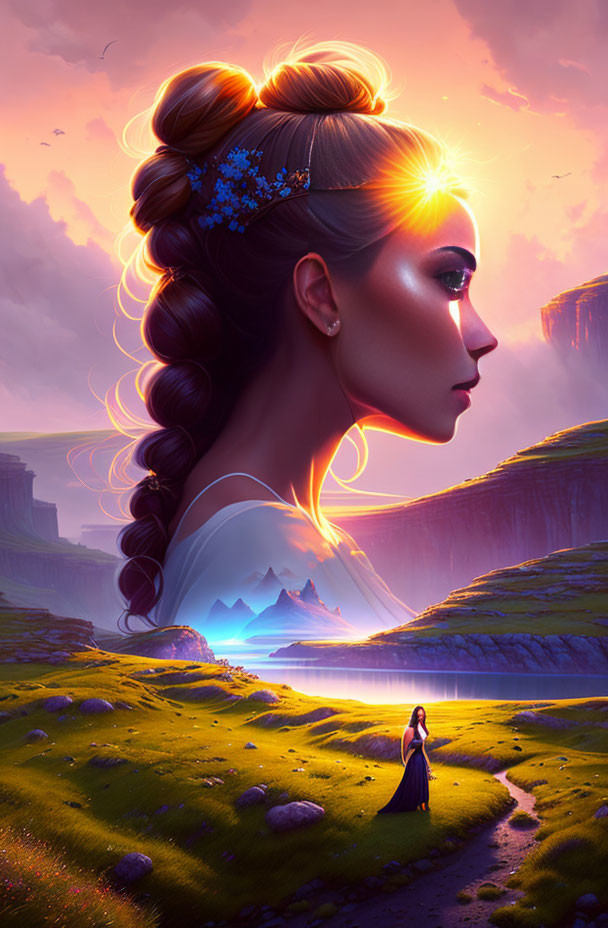 Illustration of woman with braided updo and blue flowers in profile, admiring fantasy landscape.