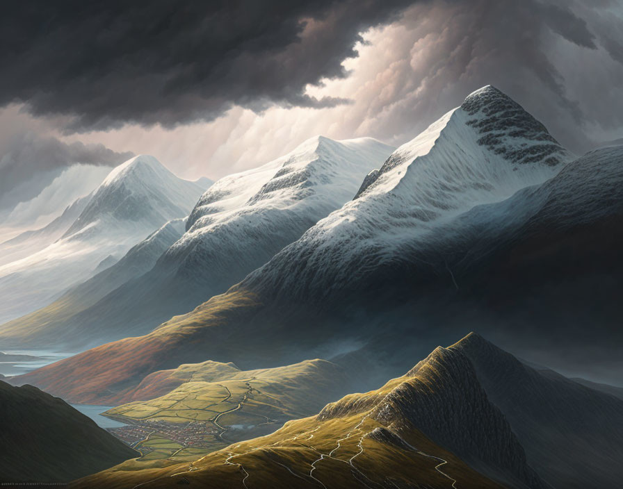 Snow-capped mountains under stormy sky with sunlit valleys