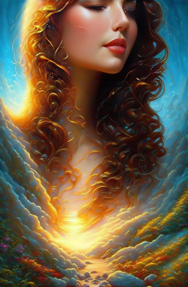 Vibrant digital artwork: woman with fiery orange hair merging with sunset landscape