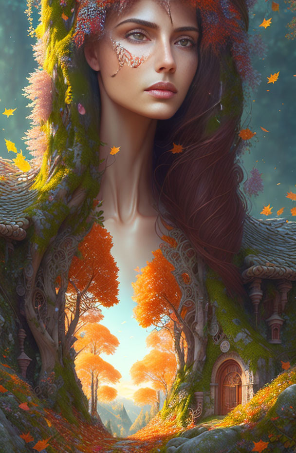 Fantasy illustration of woman with autumn-themed elements and enchanted forest backdrop