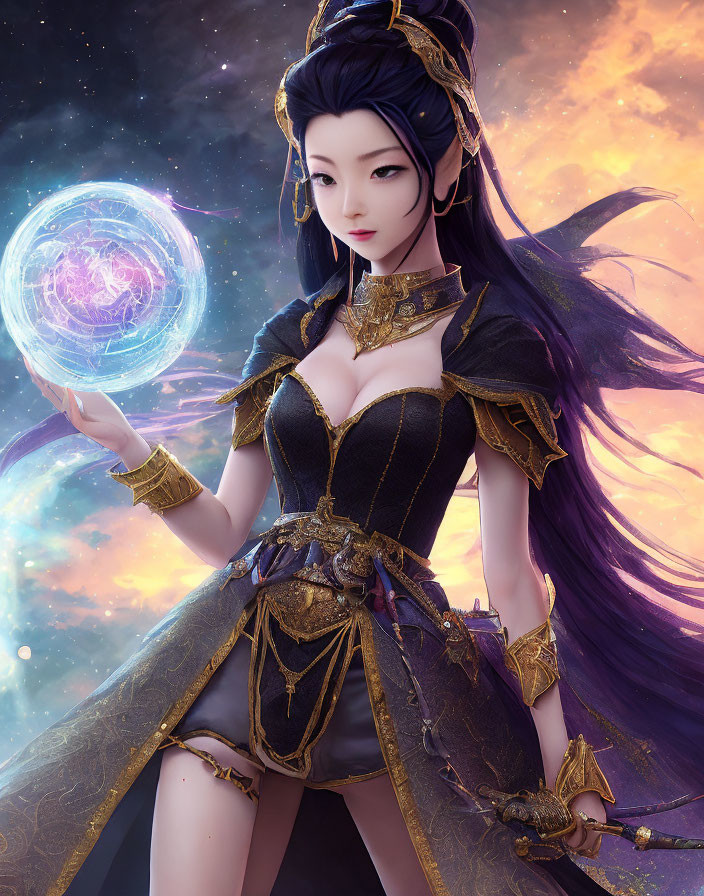 Animated female character with long purple hair in elegant black and gold attire holding a glowing blue orb in cosmic