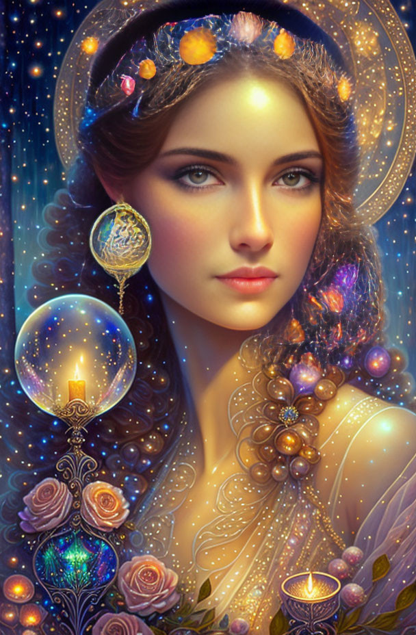 Fantasy illustration of woman with cosmic-themed accessories and celestial roses