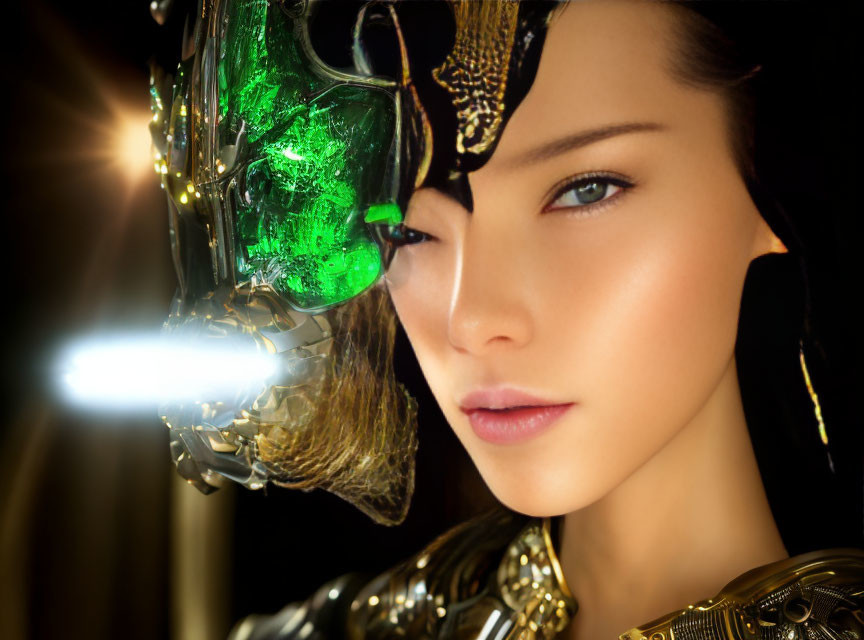 Smooth-skinned woman in sci-fi helmet with green lights and gold accents gazes sideways