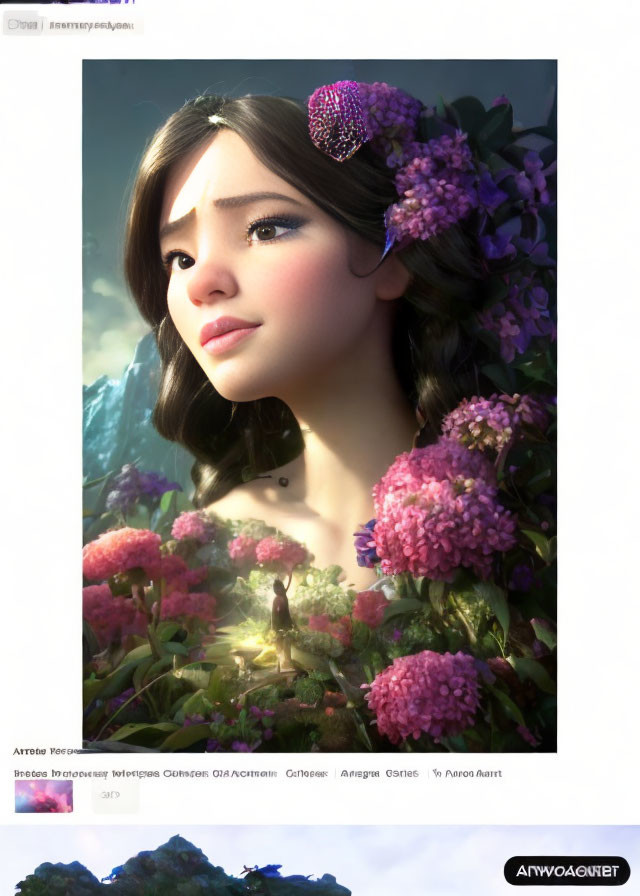 Vibrant animated girl with large eyes in purple flower setting