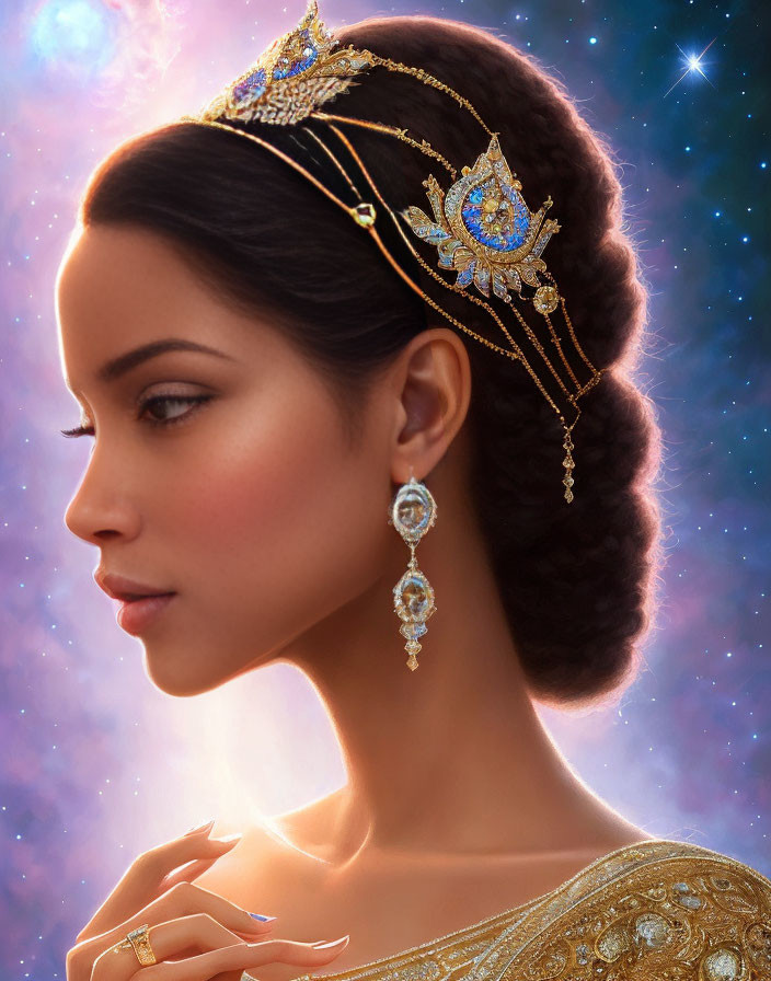 Elegant woman with updo in bejeweled headpiece and earrings on starry backdrop