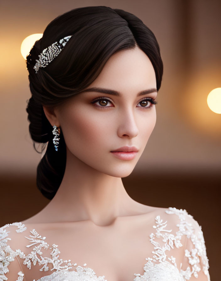 Sophisticated Bridal Updo with Hair Accessory, Elegant Earrings, and White Lace Dress