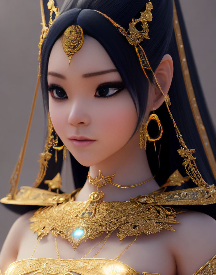 Digital portrait of female character in ornate golden jewelry & headdress