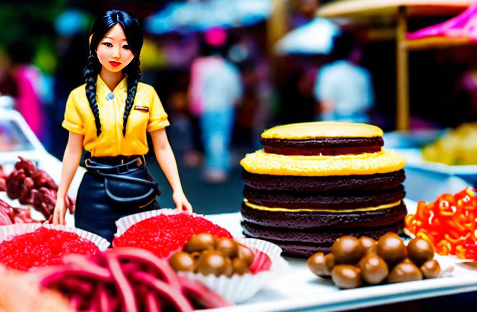 Miniature Woman Figure Among Food Models in Market Scene