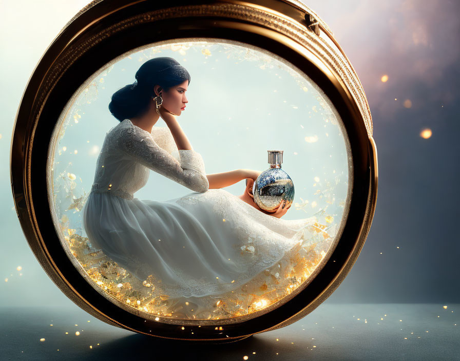 Woman in white gown holding perfume bottle in circular frame with dreamy background