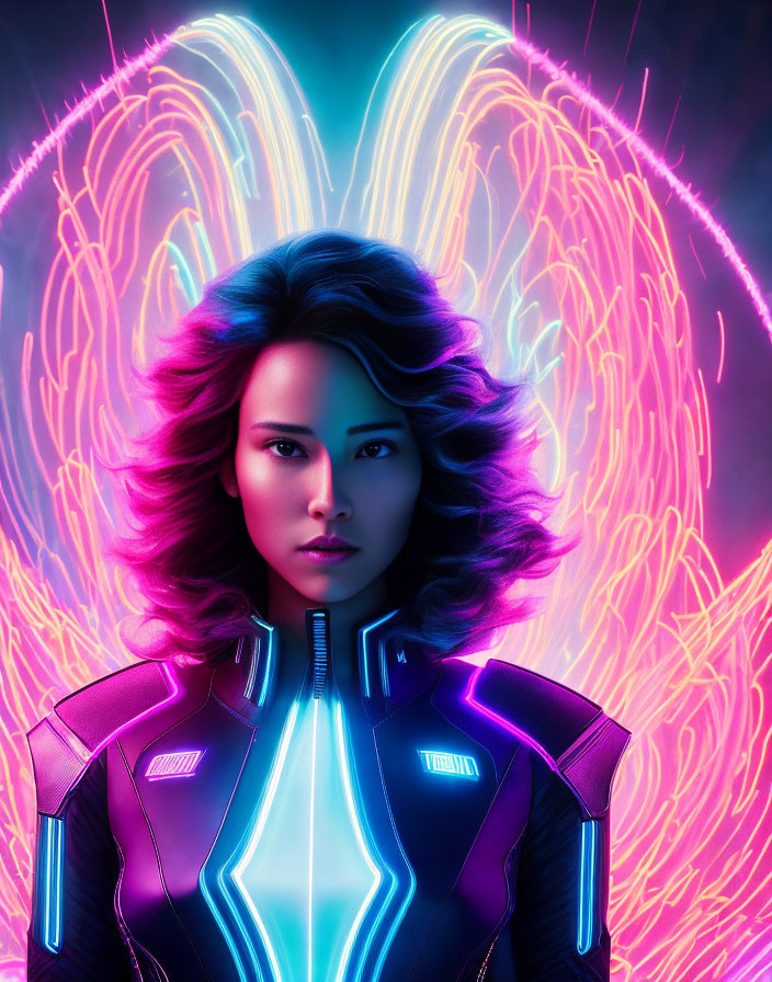 Intense gaze woman in futuristic suit against vibrant neon background