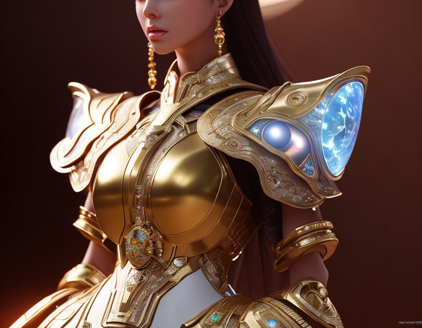 Female character in ornate golden armor with blue glowing elements