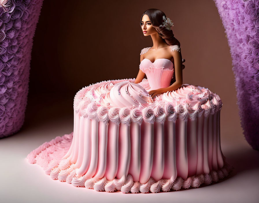 Brown-haired doll with floral tiara on pink tiered gown cake