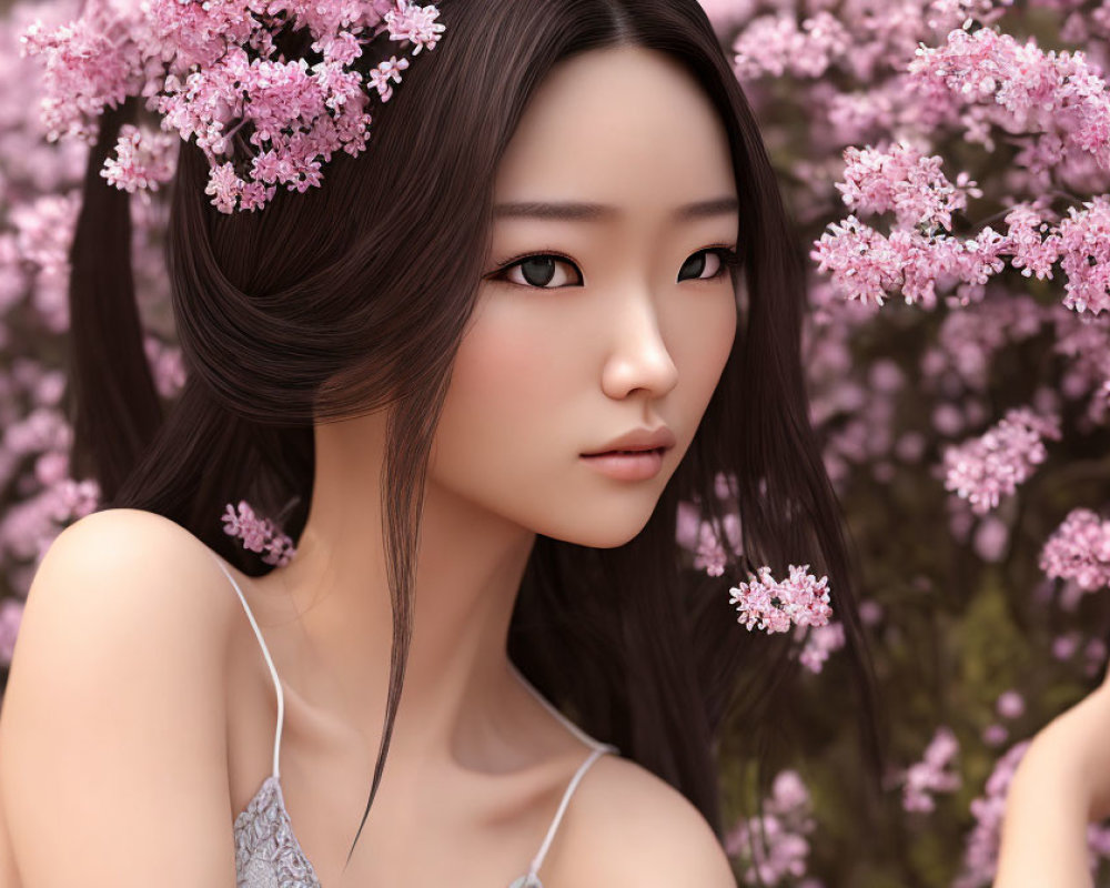 Digital artwork: Woman with delicate features and pink flowers in serene spring scene