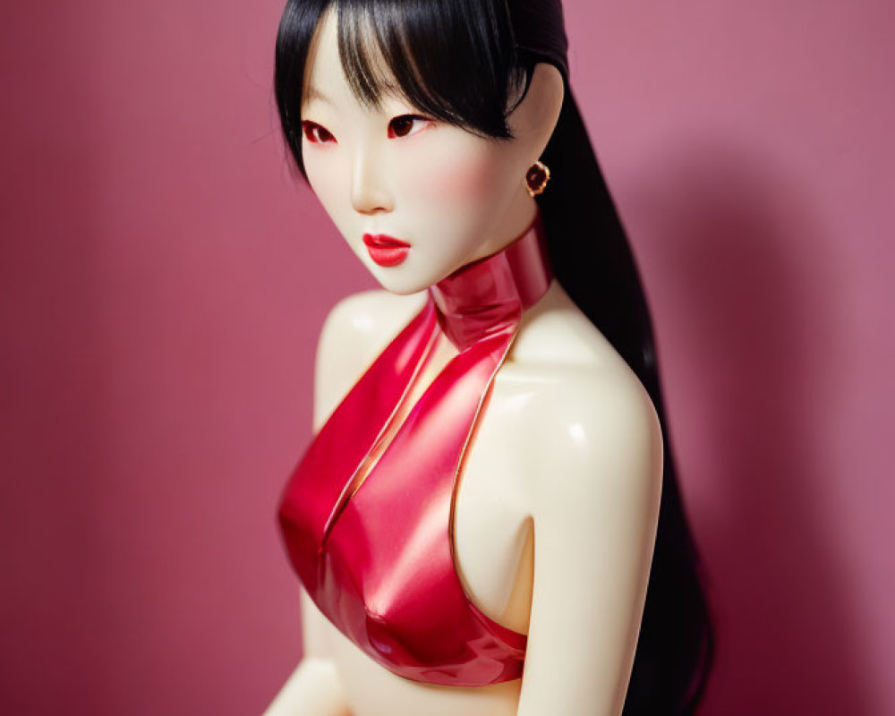 Asian-featured doll in red dress against pink background