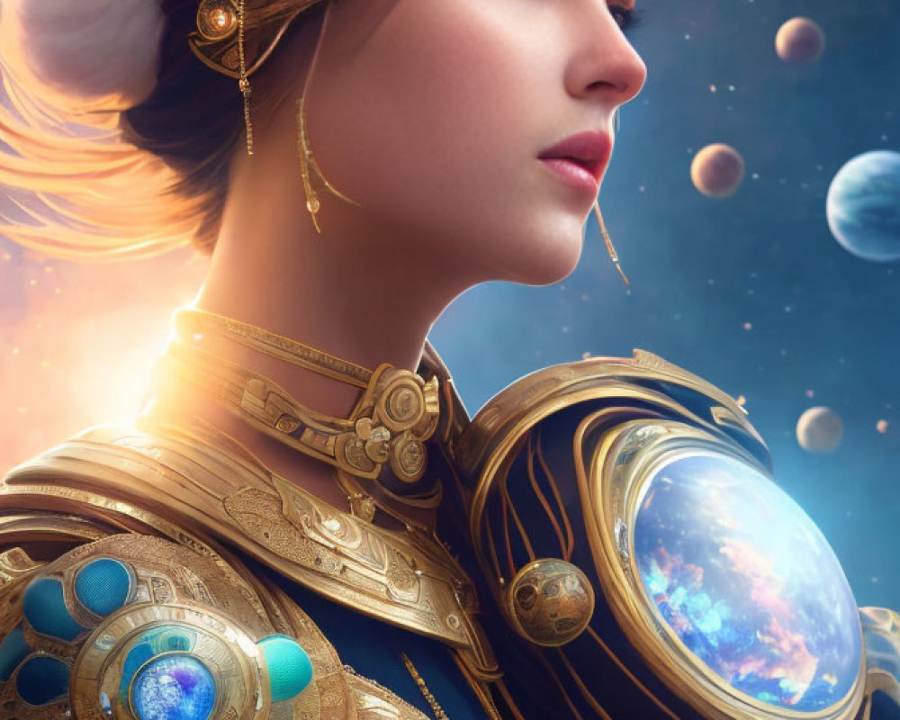 Digital art portrait of woman in golden headdress and armor with glowing orbs, cosmic backdrop.