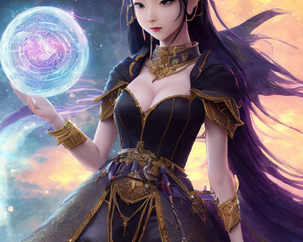 Animated female character with long purple hair in elegant black and gold attire holding a glowing blue orb in cosmic