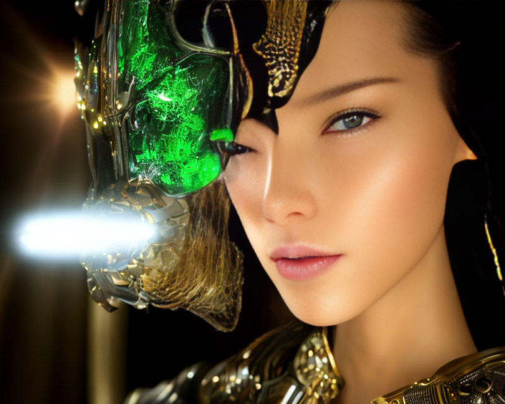 Smooth-skinned woman in sci-fi helmet with green lights and gold accents gazes sideways