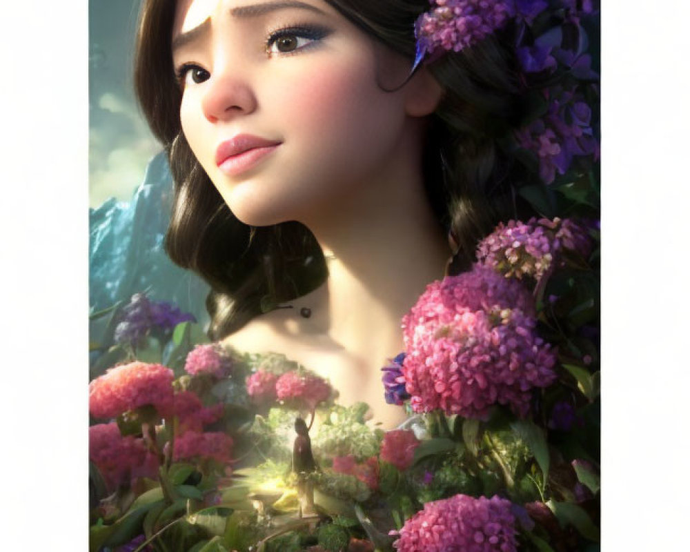 Vibrant animated girl with large eyes in purple flower setting