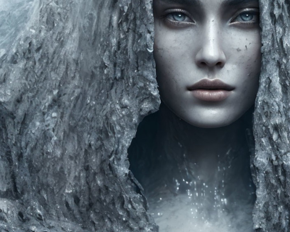 Pale-skinned woman with freckles and blue eyes in textured gray cloak.